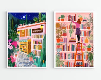 Stampa artistica colorata di libreria e scaffale: accogliente arredamento per biblioteca (download digitale)