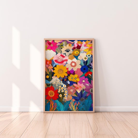 Colorful Floral Patchwork Art Print: Abstract Flower Illustration (Digital Download)