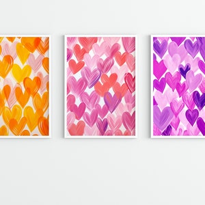 Girly Heart Prints Set of 3, Bright Heart Prints, Orange and Pink Bright Hearts, Orange and Pink Bright Digital Wall Prints, Heart Prints