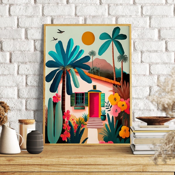 Little House Illustration, Colorful Maximalist Wall Art, Flower Botanical Illustration, Tropical
