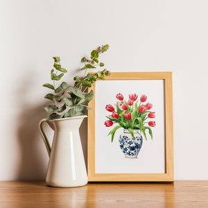 Tulpen rood boeket blauw witte vaas bloemen bloemen Art Print gemberpot gouache Boho moderne Wall Art decor boerderij decor afbeelding 7