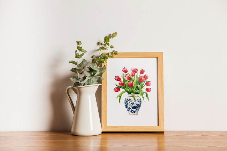 Tulpen rood boeket blauw witte vaas bloemen bloemen Art Print gemberpot gouache Boho moderne Wall Art decor boerderij decor afbeelding 7