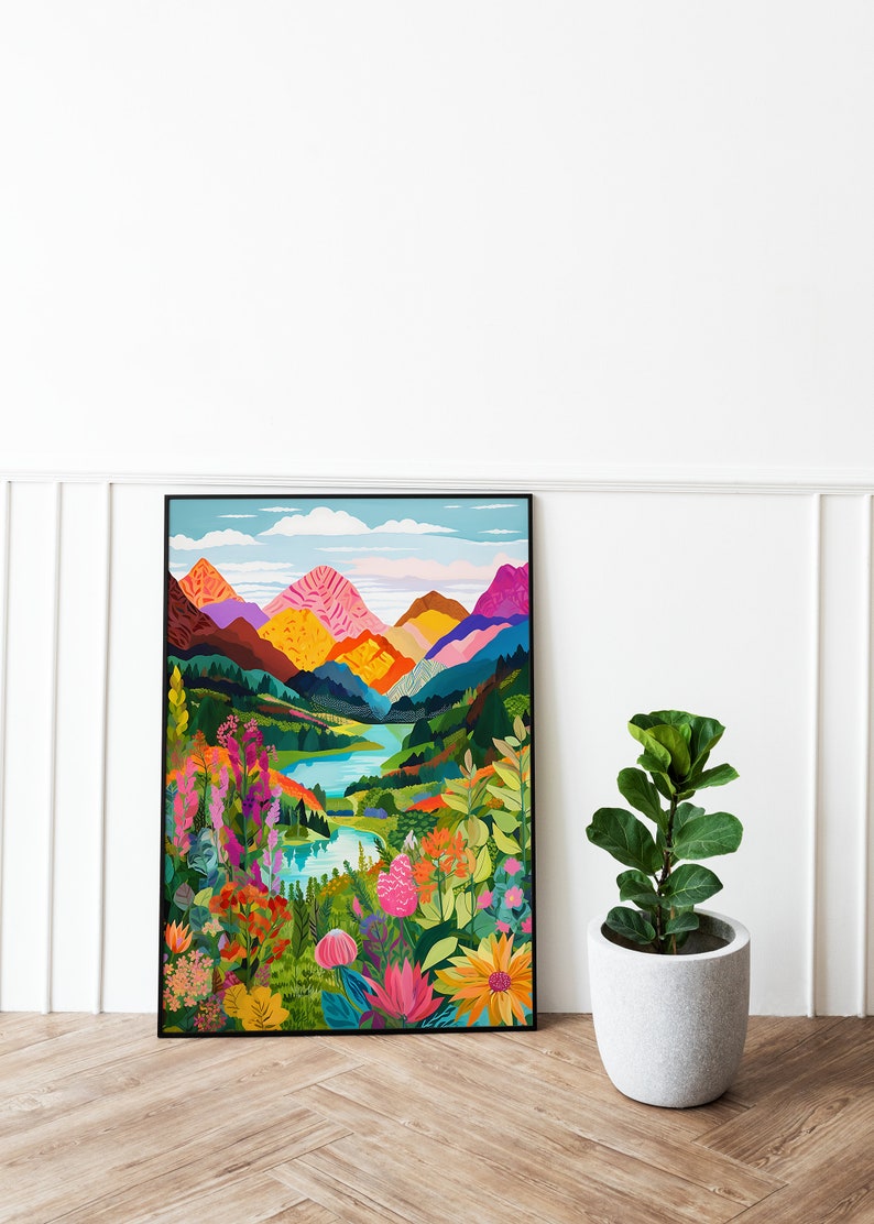 Abstract Mountain Artwork, Colorful Wall Art, Abstract Art, Acrylic Art, Illustration Art, Living Room Print, Scenery Art, Floral Art image 4