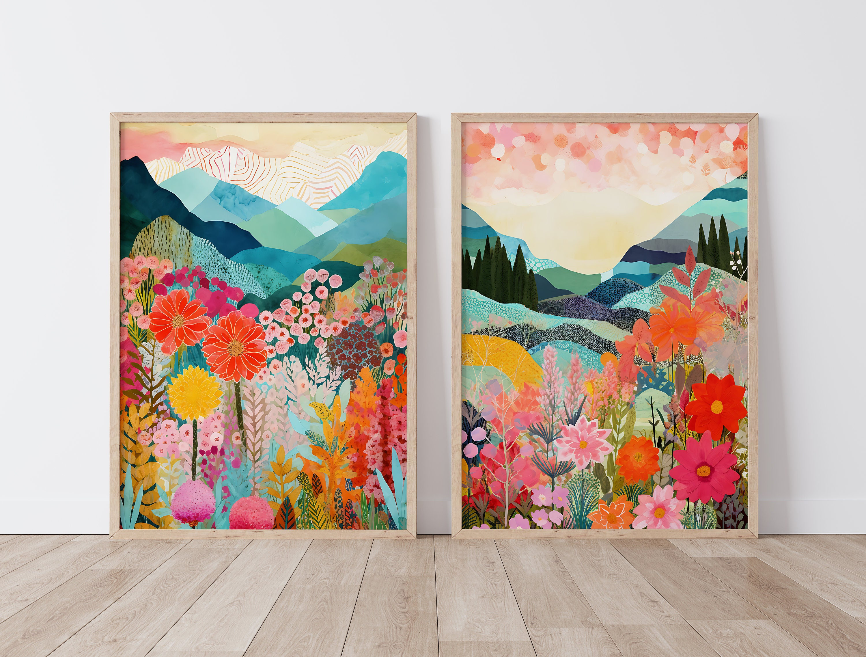 Set of 2 Colorful Landscape Patchwork Floral Botanical Art Print