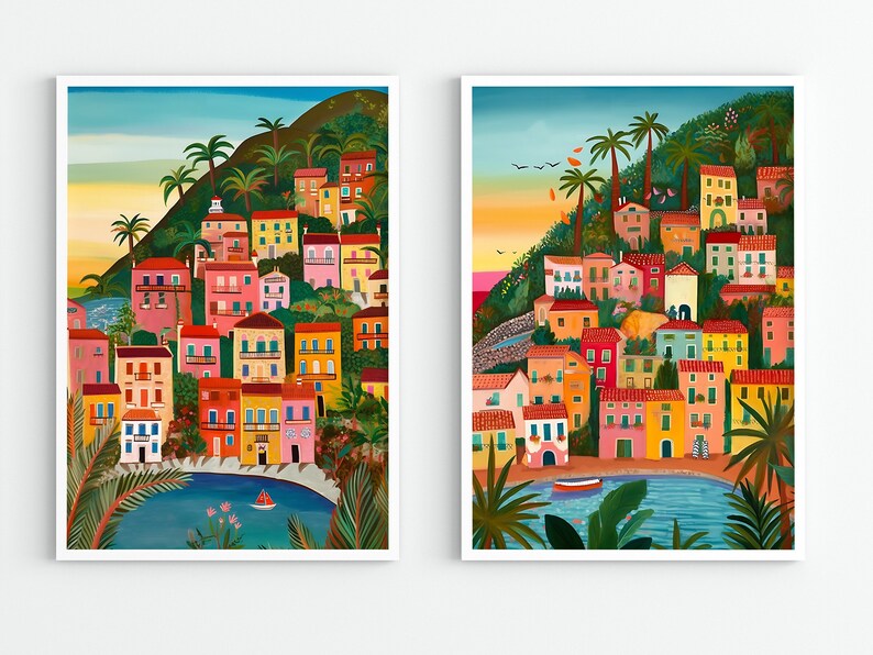 Positano illustration Set of 2, Amalfi Coast, Italy art, Art print, Wall Art, Travel illustration, Housewarming gift, Anniversary image 1