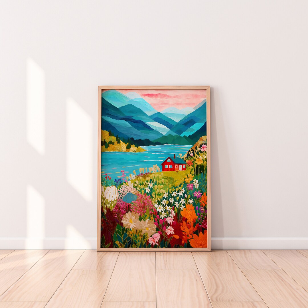 Lake Life, Colorful Scenery Wall Art, Mountain Bright Vibrant Print