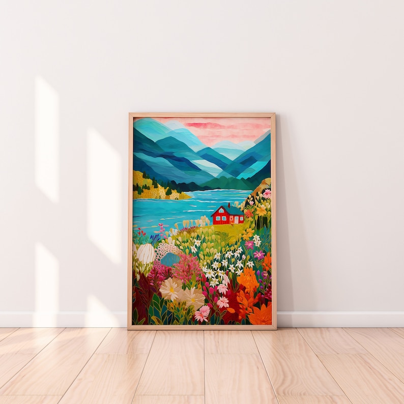 Lake Life, Colorful Scenery Wall Art, Mountain Bright Vibrant Print, Floral Wall Art, Garden Drawing image 1