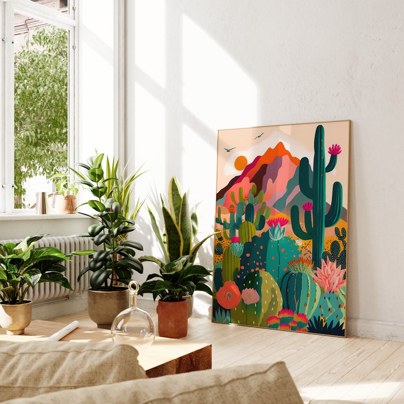 Arizona Illustration Druck, Saguaro National Park, Housewarming Geschenk, Kaktus, bunte Wandkunst helle lebendige Kunst Bild 3