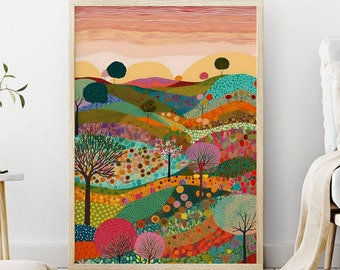 Patchwork Meadow Art Print: Colorful Floral Landscape (Digital Download)