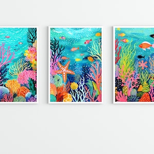 Bajo la ilustración del mar SET de 3, Arte de pared colorido para la habitación de los niños, estampados de estrellas de mar, peces, estampados oceánicos, diseños submarinos, pintados a mano