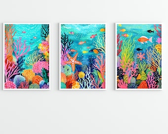 Conjunto de 3 ilustrações sob o mar, arte de parede colorida para quarto de criança, estampas de estrelas do mar, peixes, estampas de oceano, desenhos subaquáticos, pintados à mão