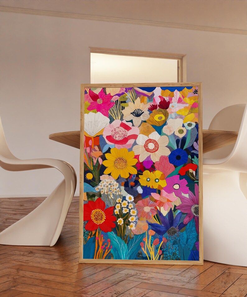 May include: A colorful framed print featuring a vibrant floral design. The print showcases a variety of flowers in shades of pink, red, yellow, blue, and green, creating a lively and cheerful atmosphere.