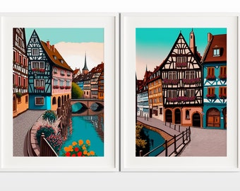 May include: Two framed illustrations of colorful, traditional European buildings with a canal running through the center. The buildings have a mix of red, yellow, blue, and green colors. The canal is a vibrant blue with a bridge over it.
