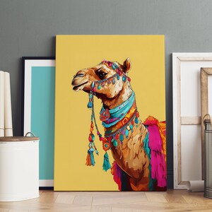 May include: A colorful illustration of a camel wearing a decorative headpiece and a colorful scarf. The camel is set against a yellow background.