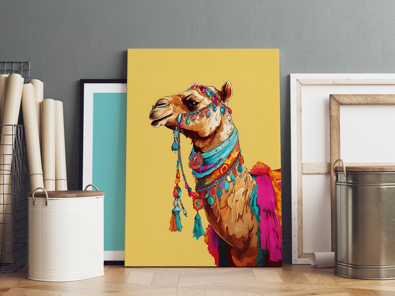 May include: A colorful illustration of a camel wearing a decorative headpiece and a colorful scarf. The camel is set against a yellow background.