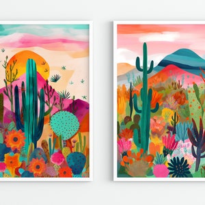 Arizona Illustration 2er-Set, Florale botanische Kunstdruck, Bunte Wandkunst, Maximalistische Kunst, Arizona Wüstenkunst, Saguaro Kaktus