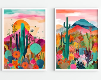 Arizona Illustration Set of 2, Floral Botanical Art Print, Colorful Wall Art, Maximalist Art, Arizona Desert Art, Saguaro Cactus