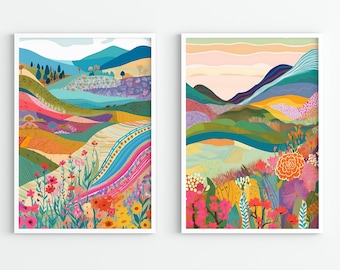 May include: Two colourful abstract landscape paintings with a white frame. The paintings feature a stylised landscape with hills, mountains, and flowers in shades of blue, green, yellow, orange, pink, and purple.