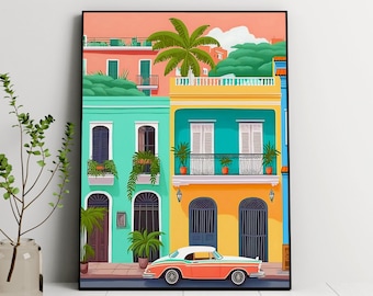 Puerto Rico Illustration, Printable Digital, Caribbean Island, Travel Wall Art