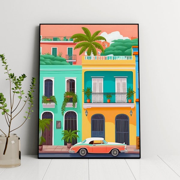 Puerto Rico Illustration, Printable Digital, Caribbean Island, Travel Wall Art