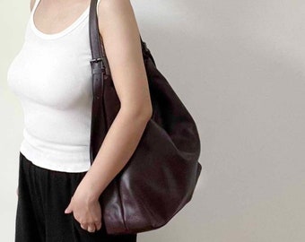 Coffee Leather Tote Bag: Crossbody Sling Bag, Fits 14&quot; Macbook, Shoulder Bag for working Shopping School