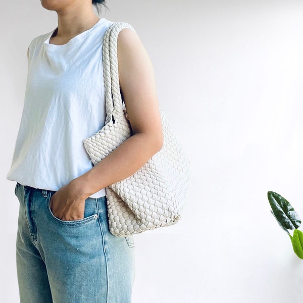 Woven Leather Basket Handbags, Vegan Leather Tote for women Leather Shoulder Bag Slouchy Bag,Shopping Bag Working Bag Hand Woven Bag for her