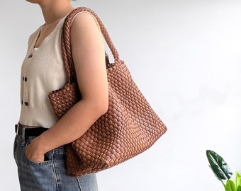 Woven Leather Basket Handbags, Vegan Leather Tote for women, Leather Shoulder Bag Slouchy Bag, Weekend Bag Work Bag Hand Woven Bag for her