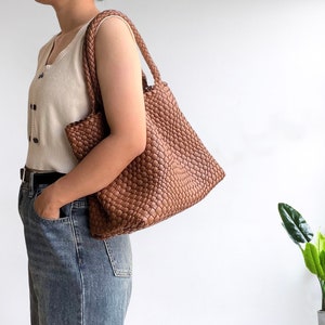 Woven Leather Basket Handbags, Vegan Leather Tote for women, Leather Shoulder Bag Slouchy Bag, Weekend Bag Work Bag Hand Woven Bag for her