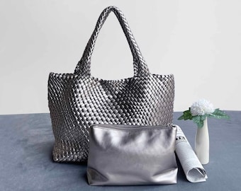 Sacs à main panier en cuir tressé, fourre-tout en cuir végétalien pour femme, sac à bandoulière en cuir, sac souple, sac à provisions, sac de travail, sac tissé à la main pour elle