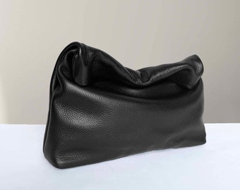 Black Leather Clutch bag, Roll down Clutch purse, Rolled top Leather Clutch, leather Evening bag Banquet Bag Wedding gift, Leather Lunch bag