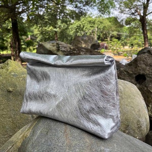 Silber Kratzer Rolled Top Leder Clutch, Swirl Kratzer Leder Clutch Geldbörse, Lederhandtasche Abendtasche, Leder Beutel Geldbörse Hochzeitstasche