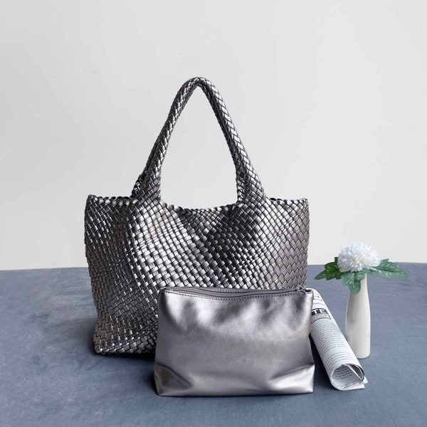 Sacs à main panier en cuir tressé, fourre-tout en cuir végétalien pour femme, sac à bandoulière en cuir, sac souple, sac à provisions, sac de travail, sac tissé à la main pour elle