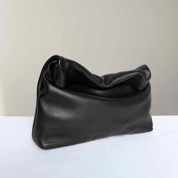 Black Leather Clutch bag, Roll down Clutch purse, Rolled top Leather Clutch, leather Evening bag Banquet Bag Wedding gift, Leather Lunch bag