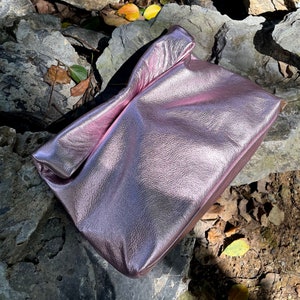 Shiny Pink Leather Roll-Down Clutch: Evening Bag for wedding Banquet Rolled Top clutches Purse