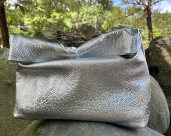 Shiny Silver Rolled Top Leather Clutch: Evening Bag for Banquet Wedding, Rolled Down Clutches Purse Lunch Bag, Gift for wife