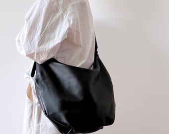 Large Leather Crossbody Purse Sling Bag, Soft Curved Moon Bag, Fits 14" Macbook