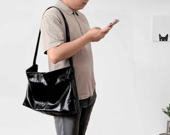 Schwarze Leder-Einkaufstasche, Arbeitstasche für Damen, Leder-Umhängetasche, Umhängetasche für Herren, Leder-Umhängetasche, passend für A4-Papier/12,9 iPad