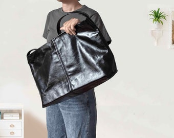 Black leather tote bag Working bag for women, Leather Shoulder bag Sling bag for Men, Leather Crossbody bag fit for a4 paper/12.9 iPad