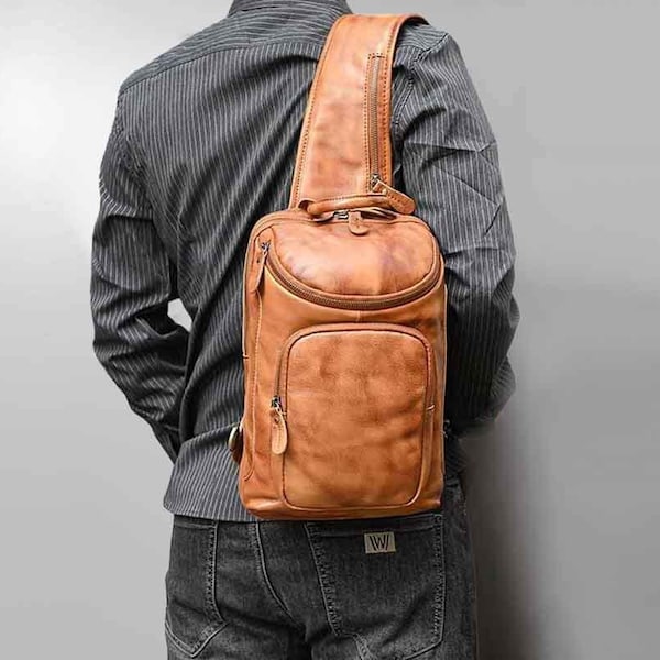 Leather sling bag for men, Leather crossbody bag Shoulder bag travel bag, Large capability Backpack leather Chest bag, gift for hubby/him