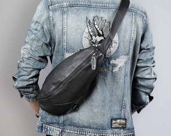 Cowhide leather sling bag, Leather Chest Bag Crossbody Bag for men, Leather Shoulder Bag Dumpling bag, Men's handbag, gift for hubby/him