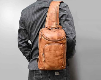 Leather sling bag for men, Leather crossbody bag Shoulder bag travel bag, Large capability Backpack leather Chest bag, gift for hubby/him