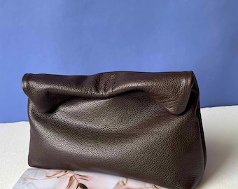 Coffee Roll-Down Clutch: Evening Bag for wedding Banquet Rolled Top clutches Purse, Soft Leather Lunch Bag
