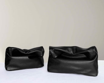 Black Leather Clutch, Roll down Clutch purse, Rolled top Leather Clutch, leather Evening bag Leather Lunch bag, Wedding Gift Bag for Banquet