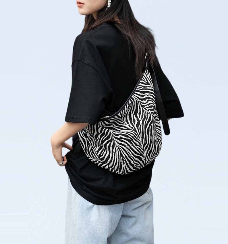 Large Moon bag Croissant Bag, Canvas Crossbody bag, Nylon Sling Bag Oversized Shoulder Bag, Zebra Bag, Canvas Moon Bag, Nylon Croissant Bag image 2