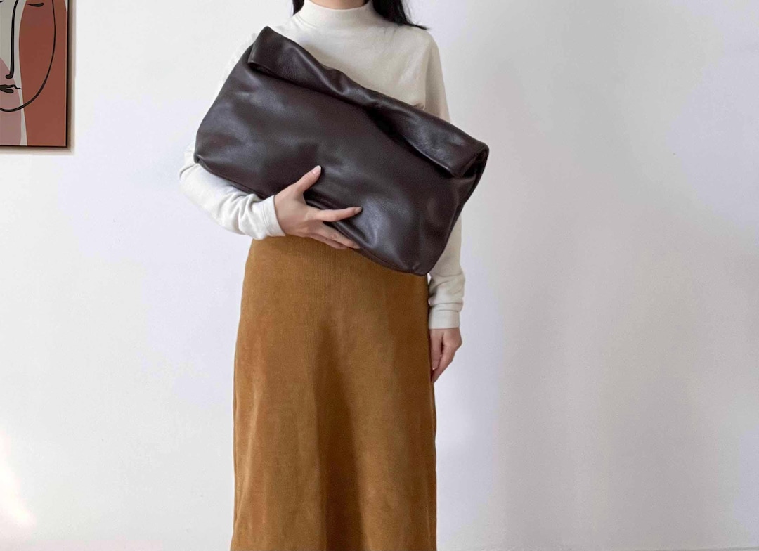 Oversized Soft Leather Clutch Bag: Roll Top Clutches Purse Wedding