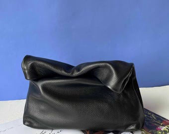 Black Leather Roll-Top Clutch Bag: Evening Banquet Purse, Rolled Down Clutches Lunch Bag