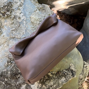Rolled Top Leather Clutch: Light Brown Evening Bag for Banquet, Gift for Wife