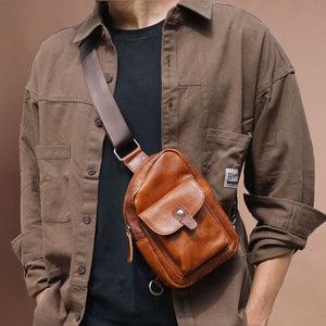 Cowhide leather sling bag, Small Backpack Leather Chest Bag for men, Leather Crossbody Bag Shoulder Bag travel bag, gift for him/hubby