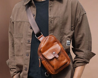 Cowhide leather sling bag, Small Backpack Leather Chest Bag for men, Leather Crossbody Bag Shoulder Bag travel bag, gift for him/hubby