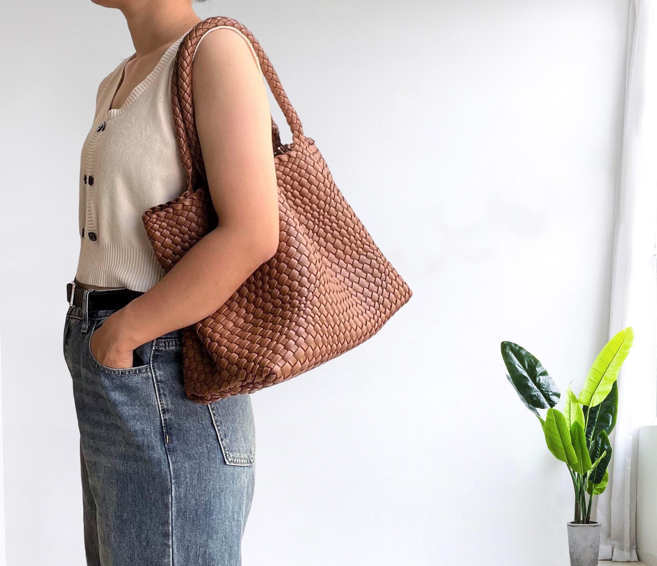 White woven leather bag hotsell